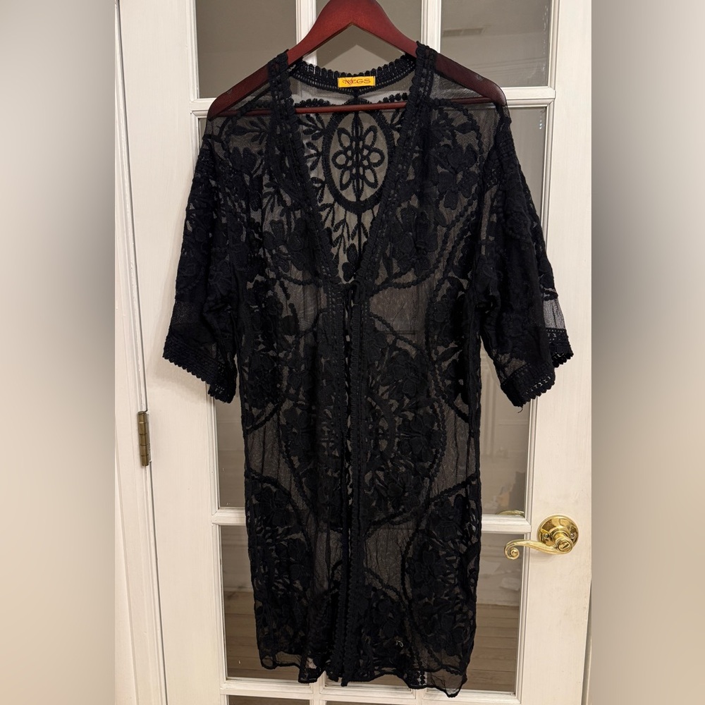 NEGS Women’s Black Sheer Embroidered V-Neck Front Tie Coverup Size M